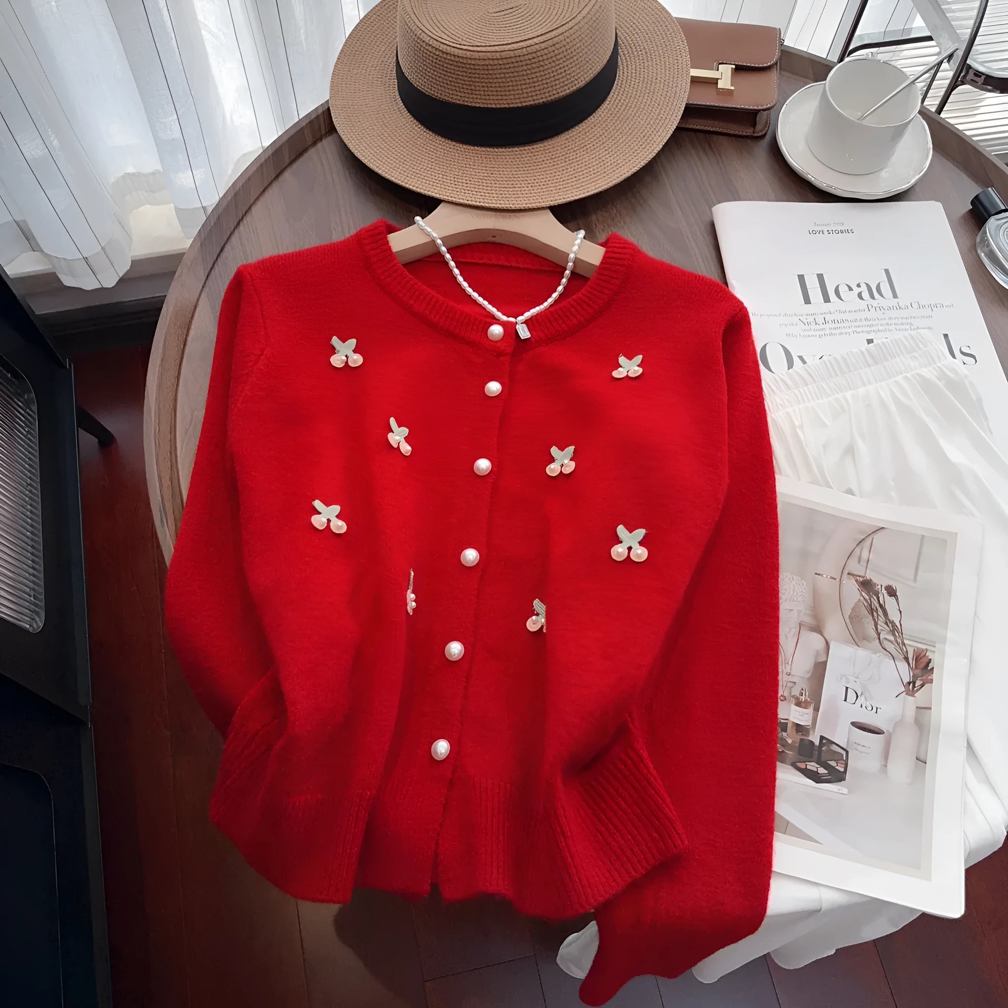 Women's pink cashmere blend cardigan coat with beaded details, shown open in a slim fit.
