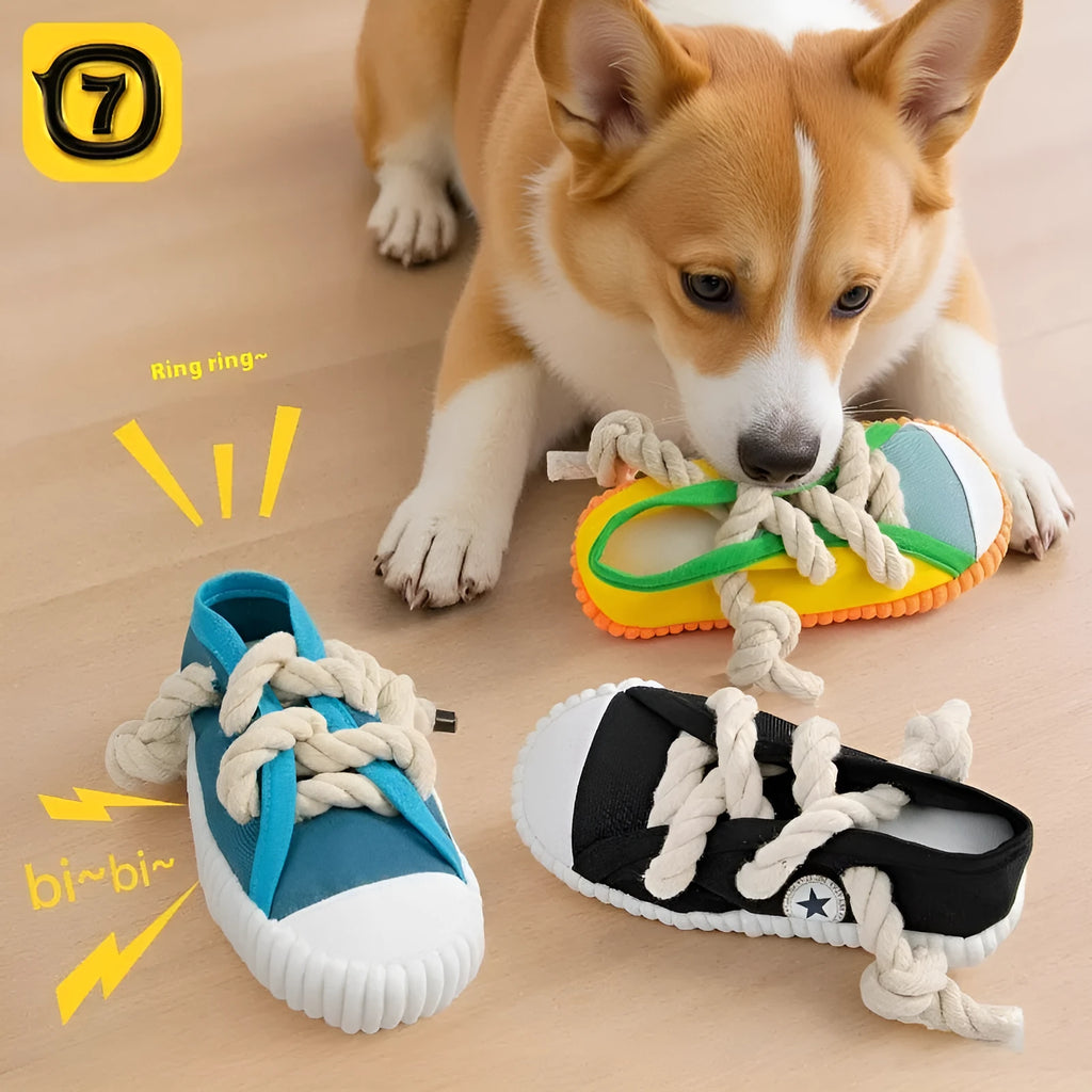 Plastic dog chew toy in three colours with bendable design and sound mechanism