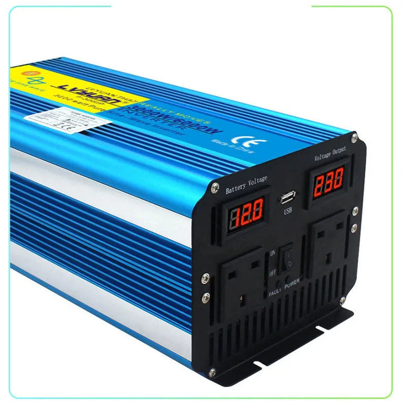 Blue high-power pure sine wave car inverter with digital display and remote control.