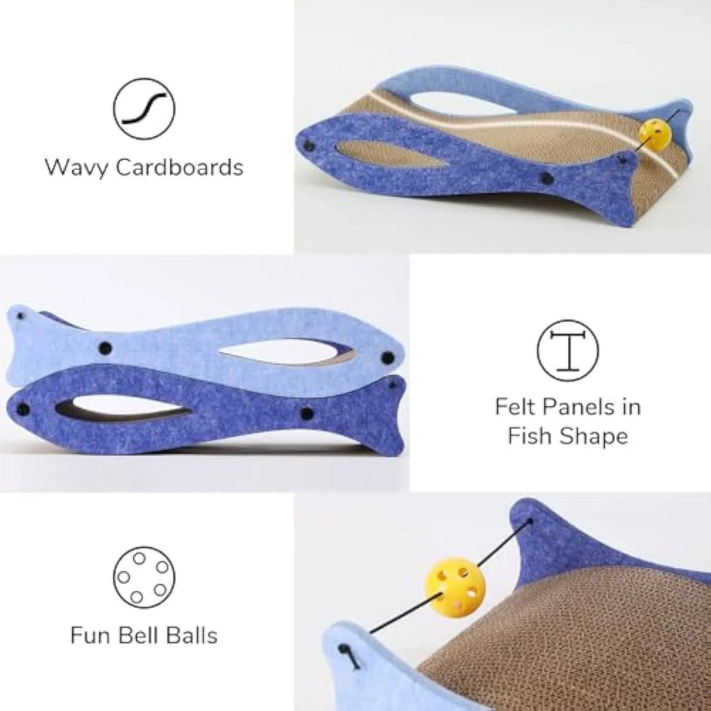 Blue fish shaped cat scratcher with cardboard surface and ball toy on elastic cord