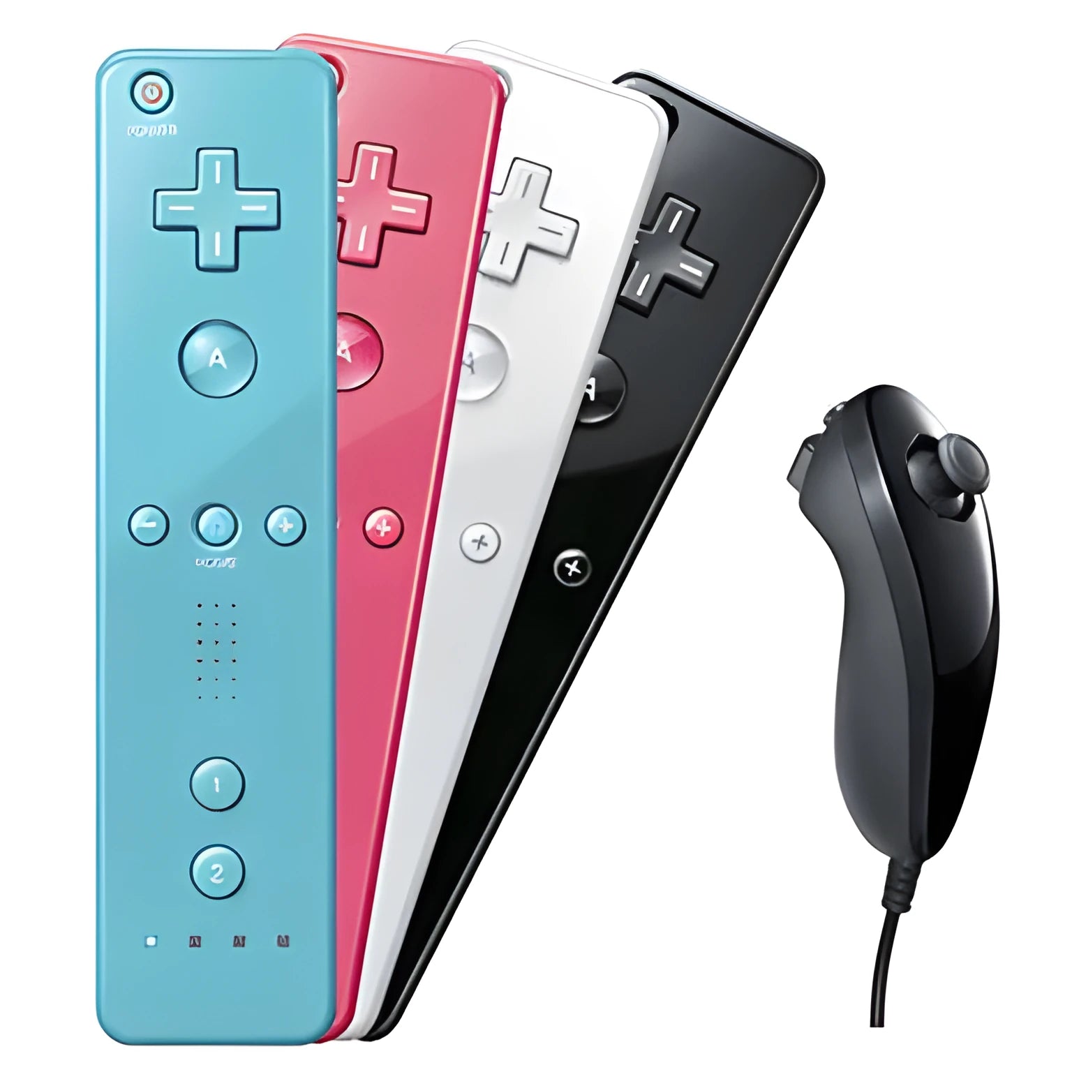 Wii left and right gamepad controllers with infrared sensor and hand rope, shown in multiple colour options.