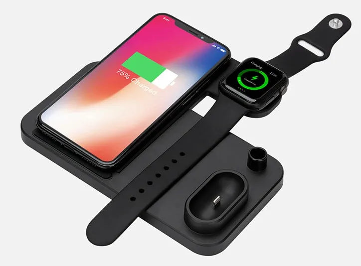 4-in-1 wireless charging station showing phone, Apple Watch, AirPods and Apple Pencil charging simultaneously on adjustable stand