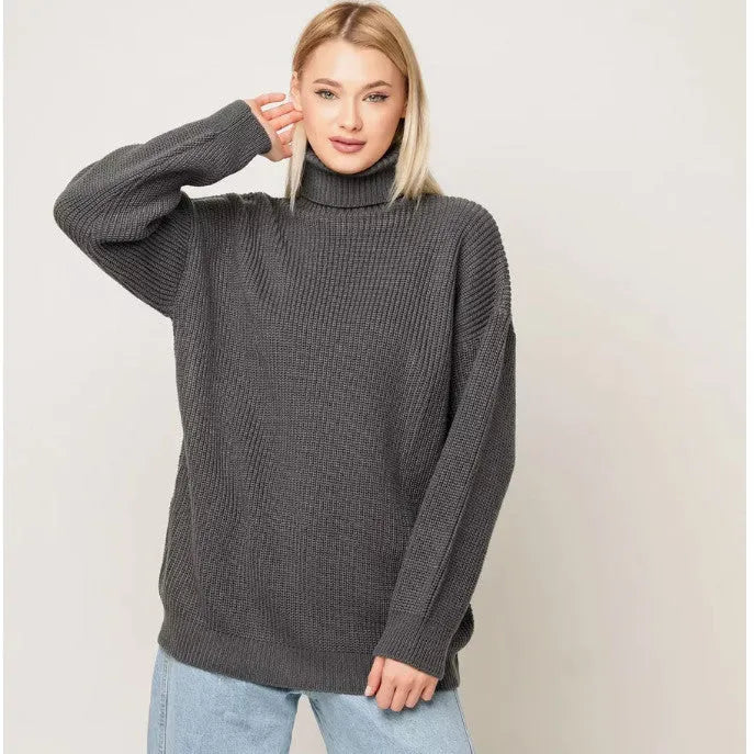 Women's thick imitation cashmere pullover sweater in solid colour with high neck and loose fit
