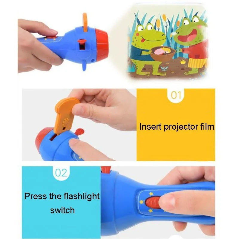 SmartKids children's story projector torch with four colourful projection discs on a white background.
