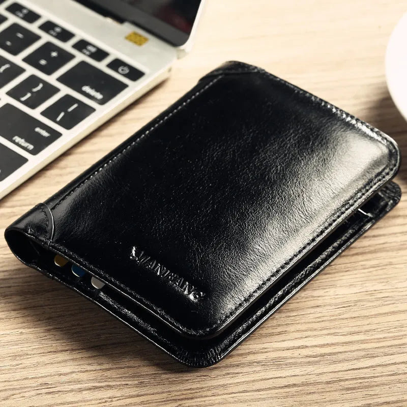 Men's leather bi-fold wallet with RFID protection in black or coffee brown