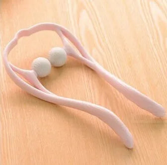Plastic swan-shaped neck and shoulder massager roller in blue, green, or pink on a white background
