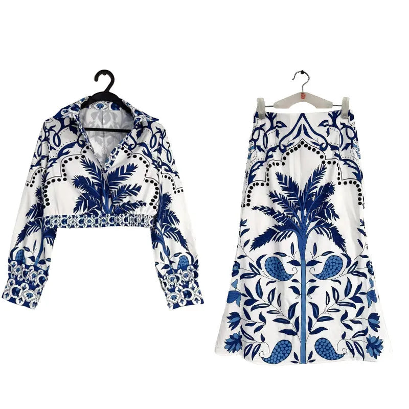 Women's flower print early spring casual set with long sleeve top and matching skirt in picture colour
