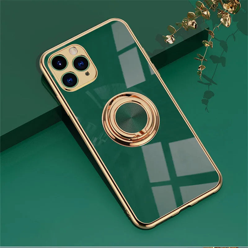 Solid colour TPU phone case for iPhone on a table, showing classic black and light purple colour options.