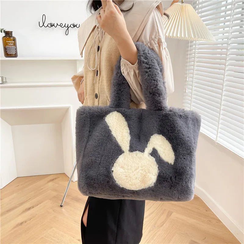 Cartoon rabbit ears plush shoulder tote bag in a solid colour with large capacity