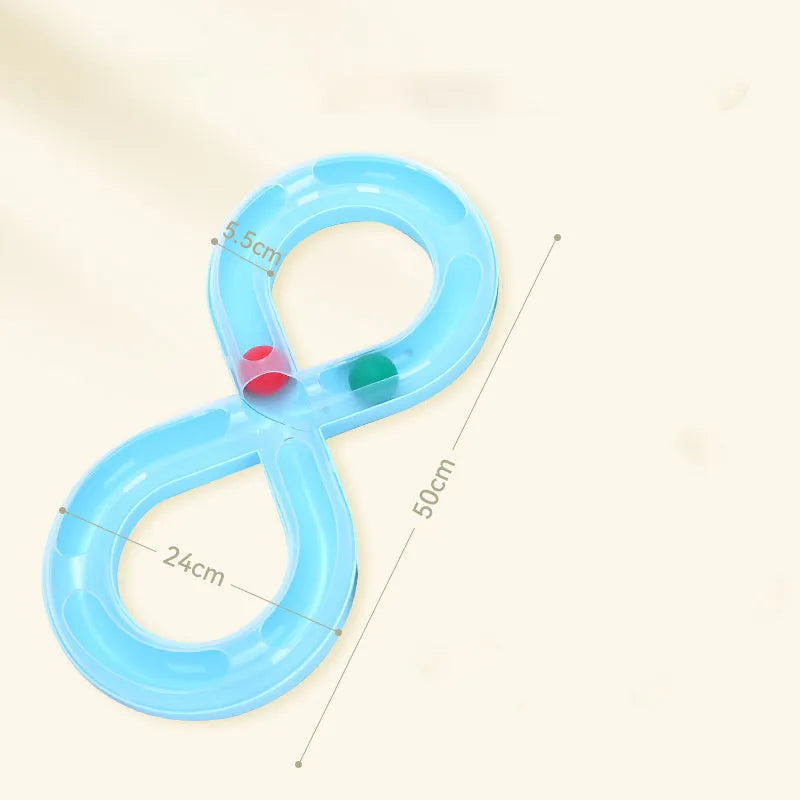 Blue and white cat interactive toy with turntable track ball and teasing stick on flat surface
