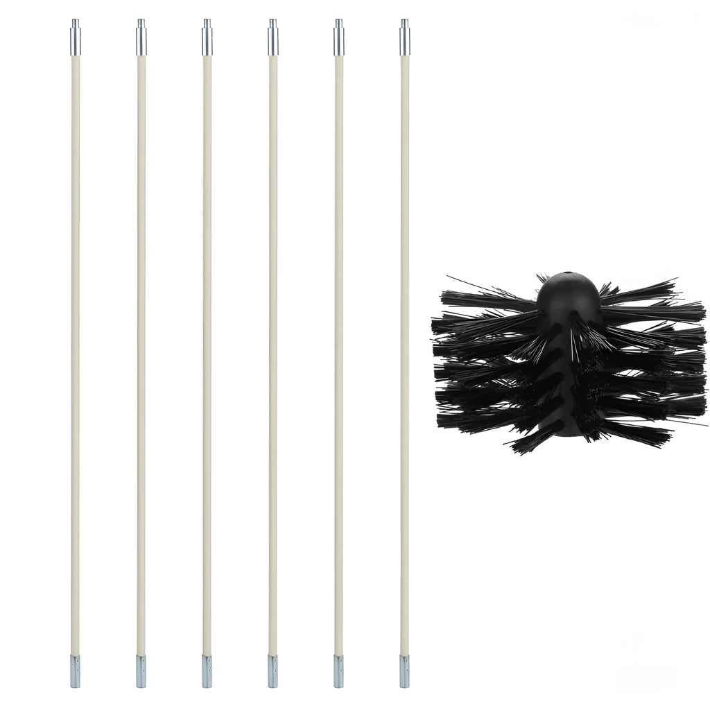 Dryer vent cleaning brush with bendable pole and nylon bristles on a white background