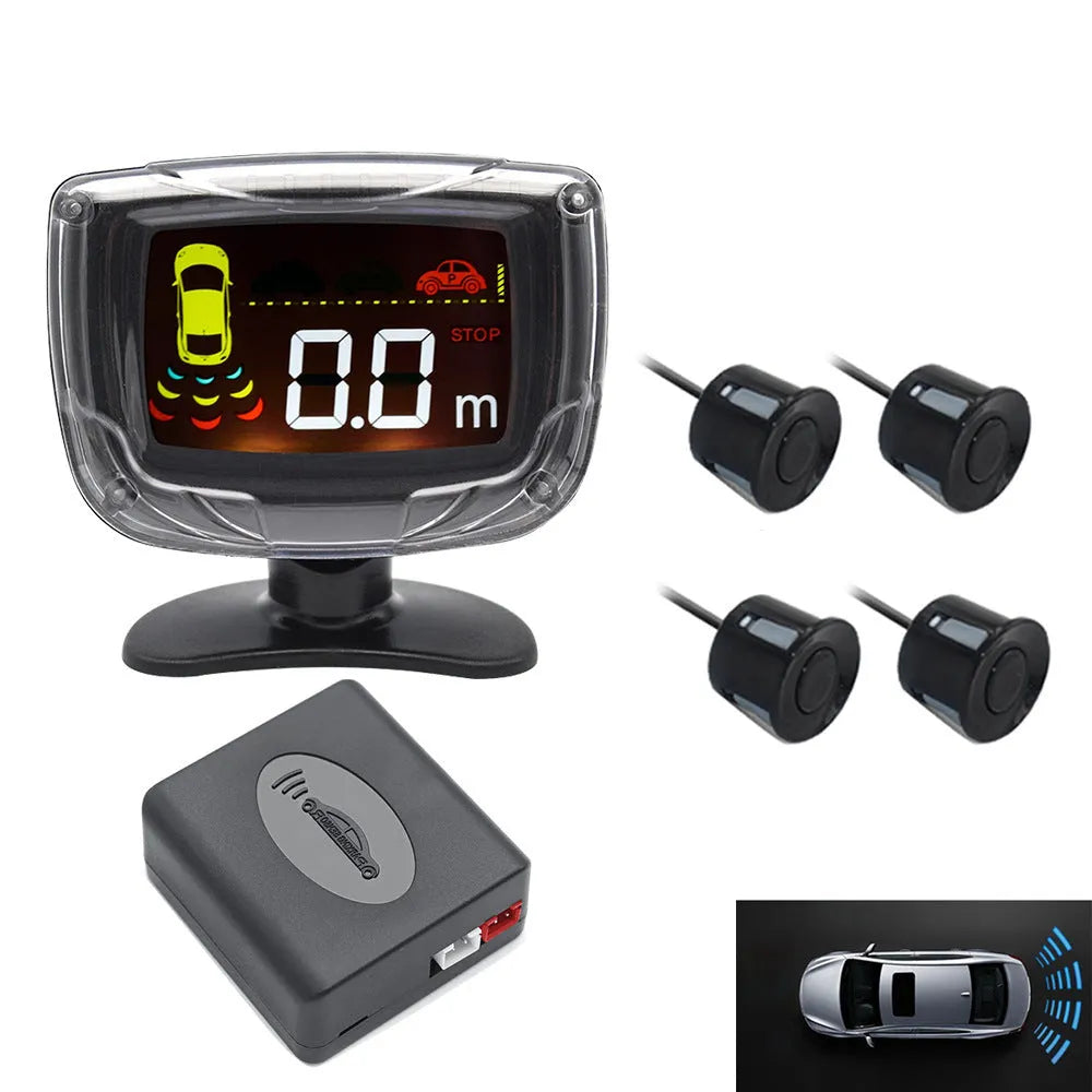 Wireless reversing sensor system with digital display and four ultrasonic probes for vehicle installation