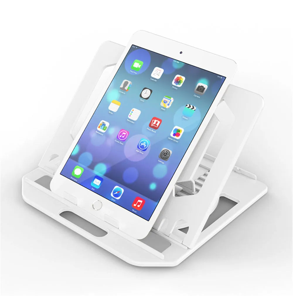 Adjustable folding laptop stand with phone holder in black, 28 cm width, plastic construction with hollow heat dissipation
