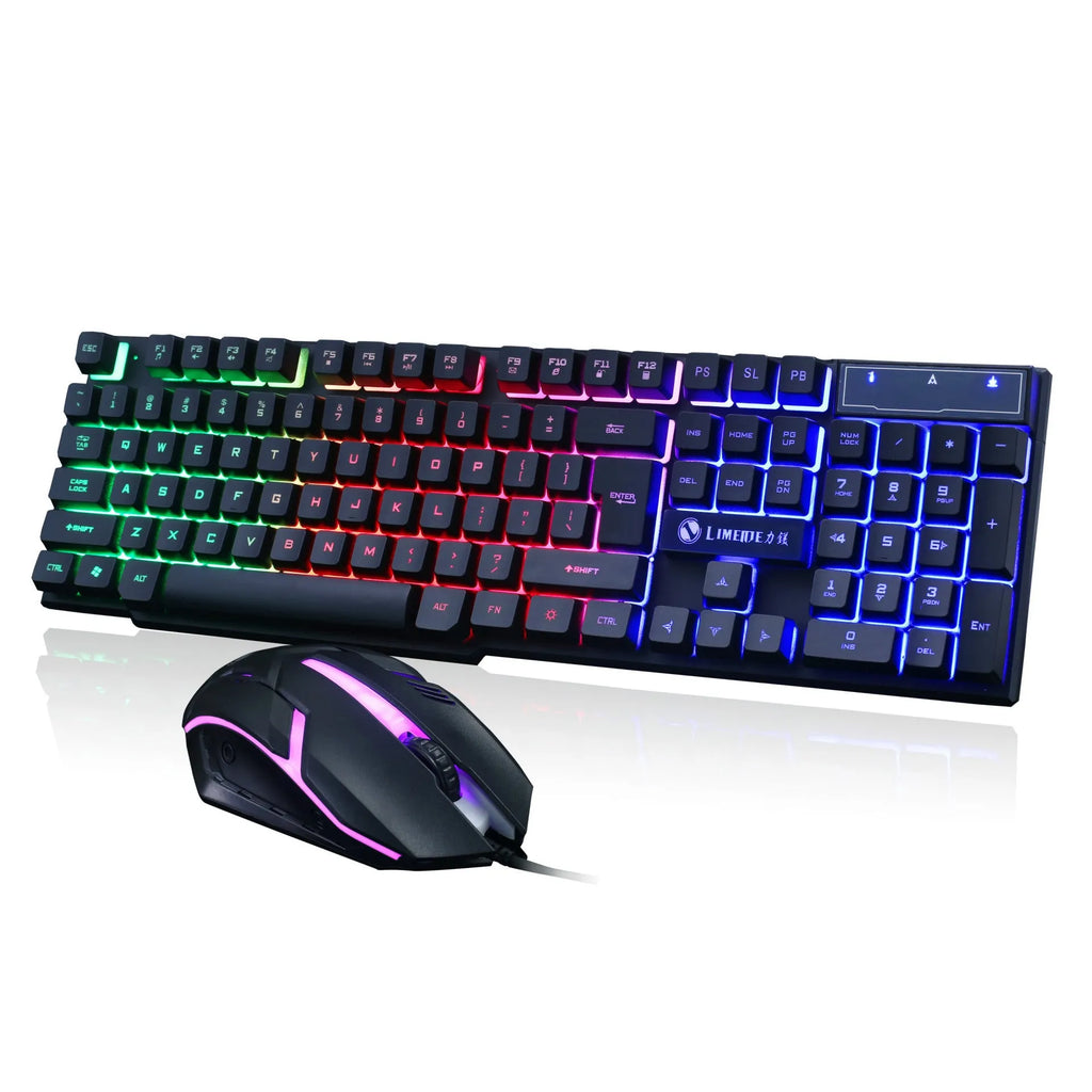 Limei GTX300 white black and black orange glow gaming keyboard and mouse set on desktop