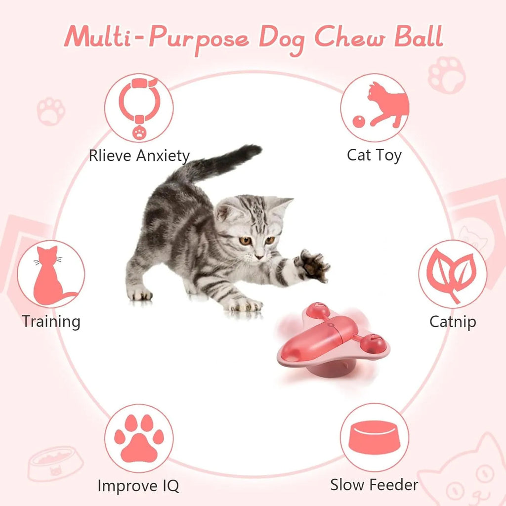 Interactive pet puzzle toy with blue snack cabin, bell, and catnip pouch attached with suction cups.
