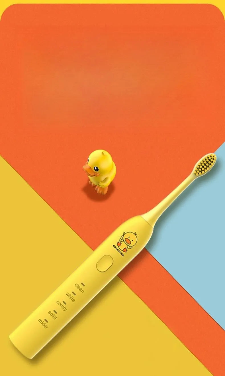 Yellow rechargeable electric toothbrush with USB charging port and soft bristle brush head
