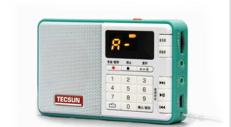 Tecsun Q3 compact digital audio player with FM radio in white, yellow, red, green, blue, or black.