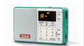 Tecsun Q3 compact digital audio player with FM radio in white, yellow, red, green, blue, or black.