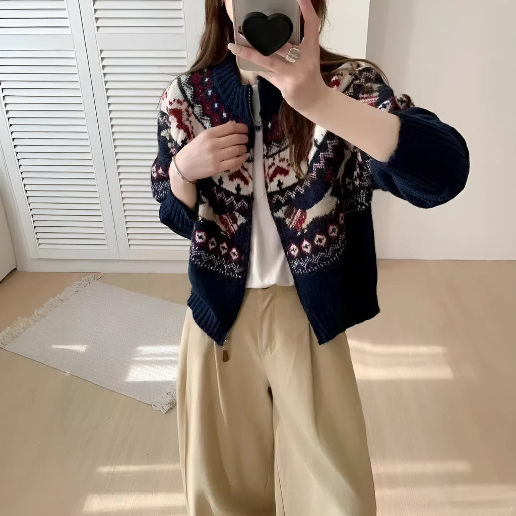 Ethnic jacquard pullover sweater with 3D pattern in loose fit, shown in beige apricot colour with round neck and long sleeves