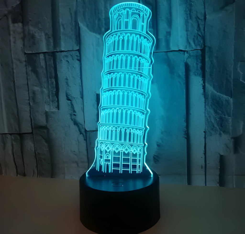 Leaning Tower of Pisa 3D acrylic LED nightlight on a black base with remote control.