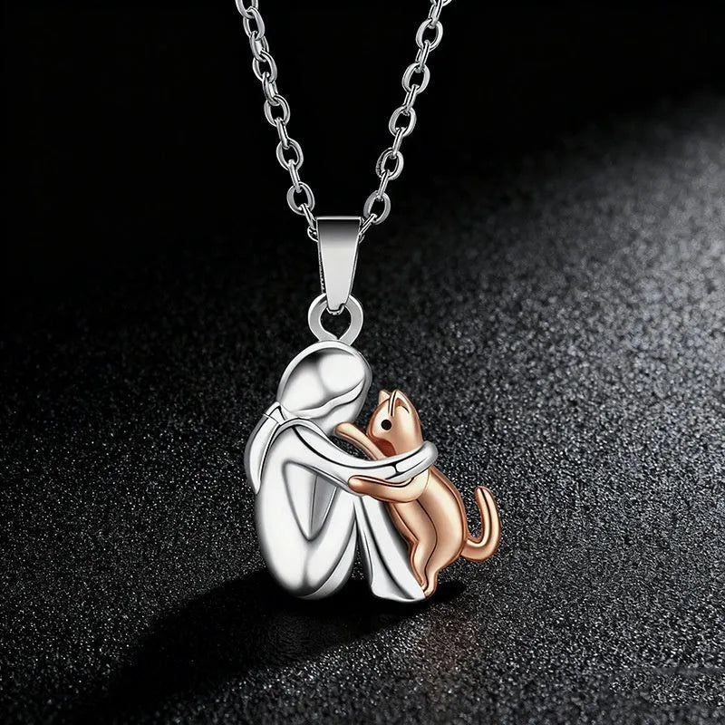 Little girl and dog hugging alloy earring set with O-ring chain necklace in colour option