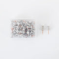 Set of 50 Morandi colour pushpins showing green, grey, and pink tones with different pin head styles on a corkboard.