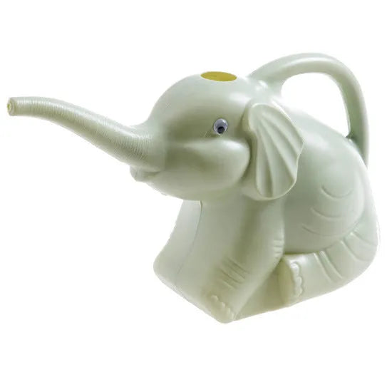 Pink elephant-shaped children's watering can with long nozzle and baby bottle handle.