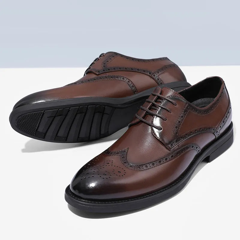 Men's black and brown brogue leather shoes with business styling and PU leather upper material