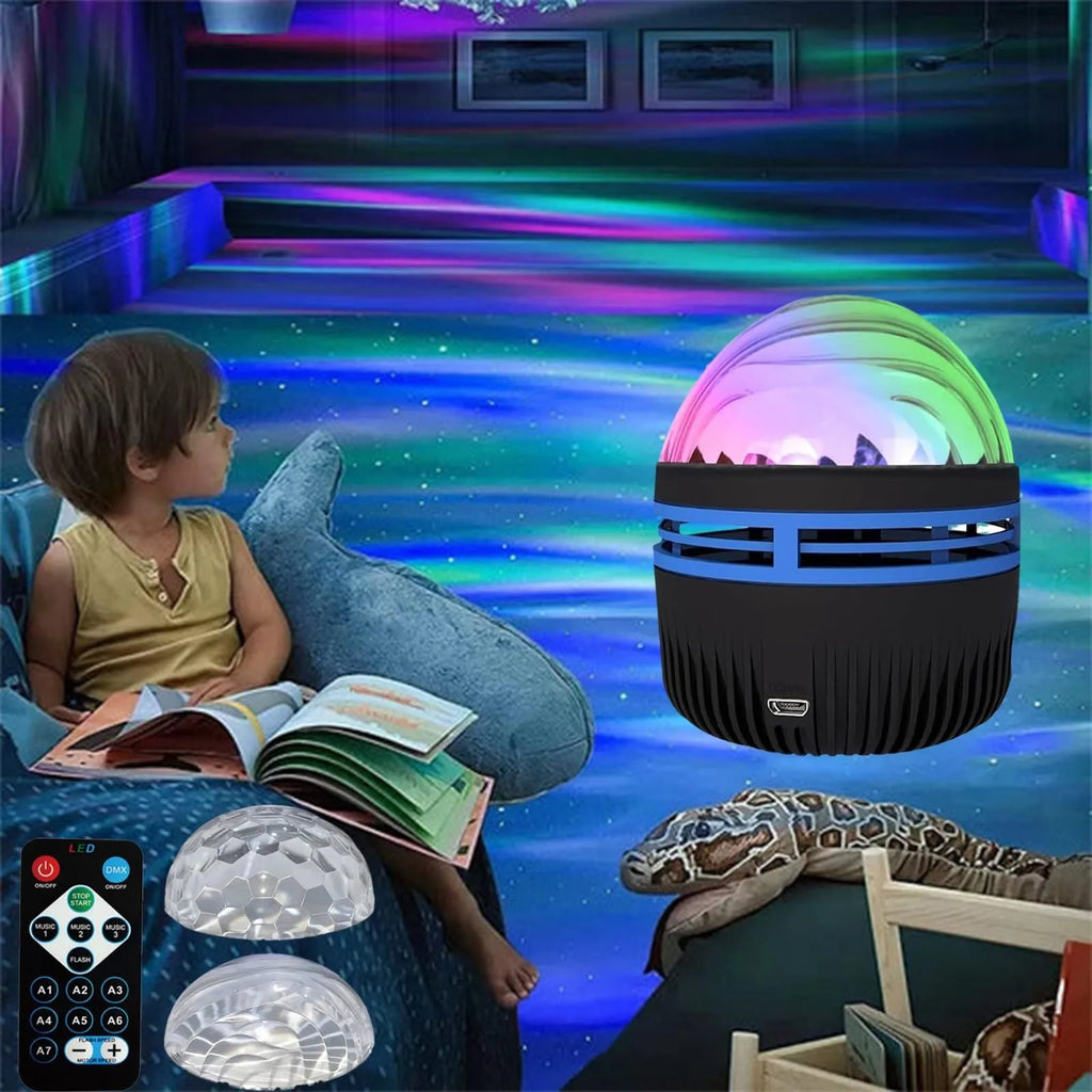 LED galaxy projector lamp with rotating star patterns and USB power cable