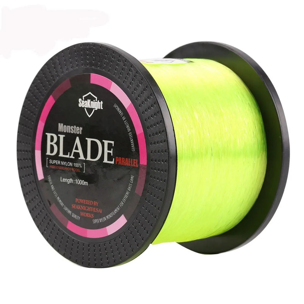 Spool of Seaknight1000 M nylon monofilament fishing line in one of five colours showing size marking