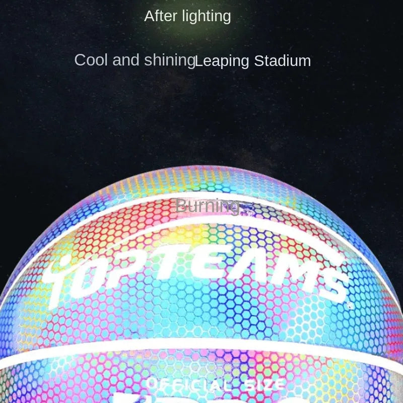 No. 7 basketball with holographic reflective surface and fluorescent colours on PU leather.