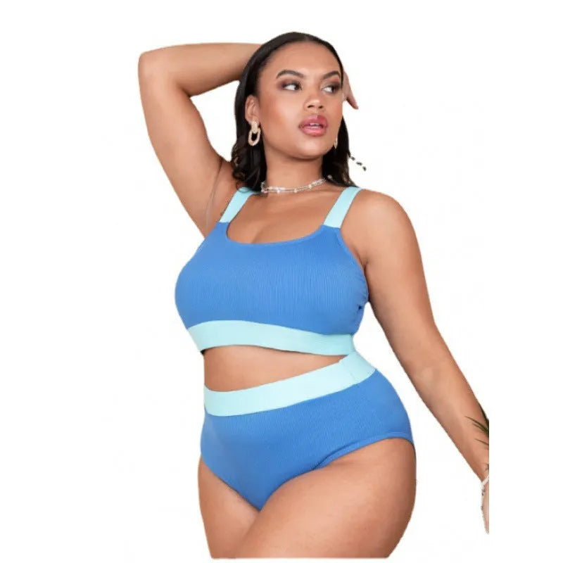 Women's solid colour polyester bikini swimsuit with high waist briefs and stitching detail