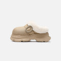 Women's non-slip faux fur slippers with 5cm heel in caramel colour