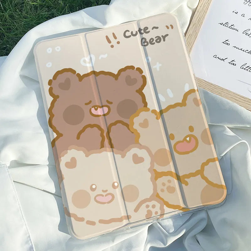 Silicone tri-fold protective case for iPad in cartoon rabbit design, shown folded into a stand position.