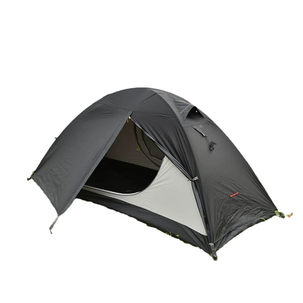 Single person double skin tent with aluminium poles in a red colour option, shown erected.