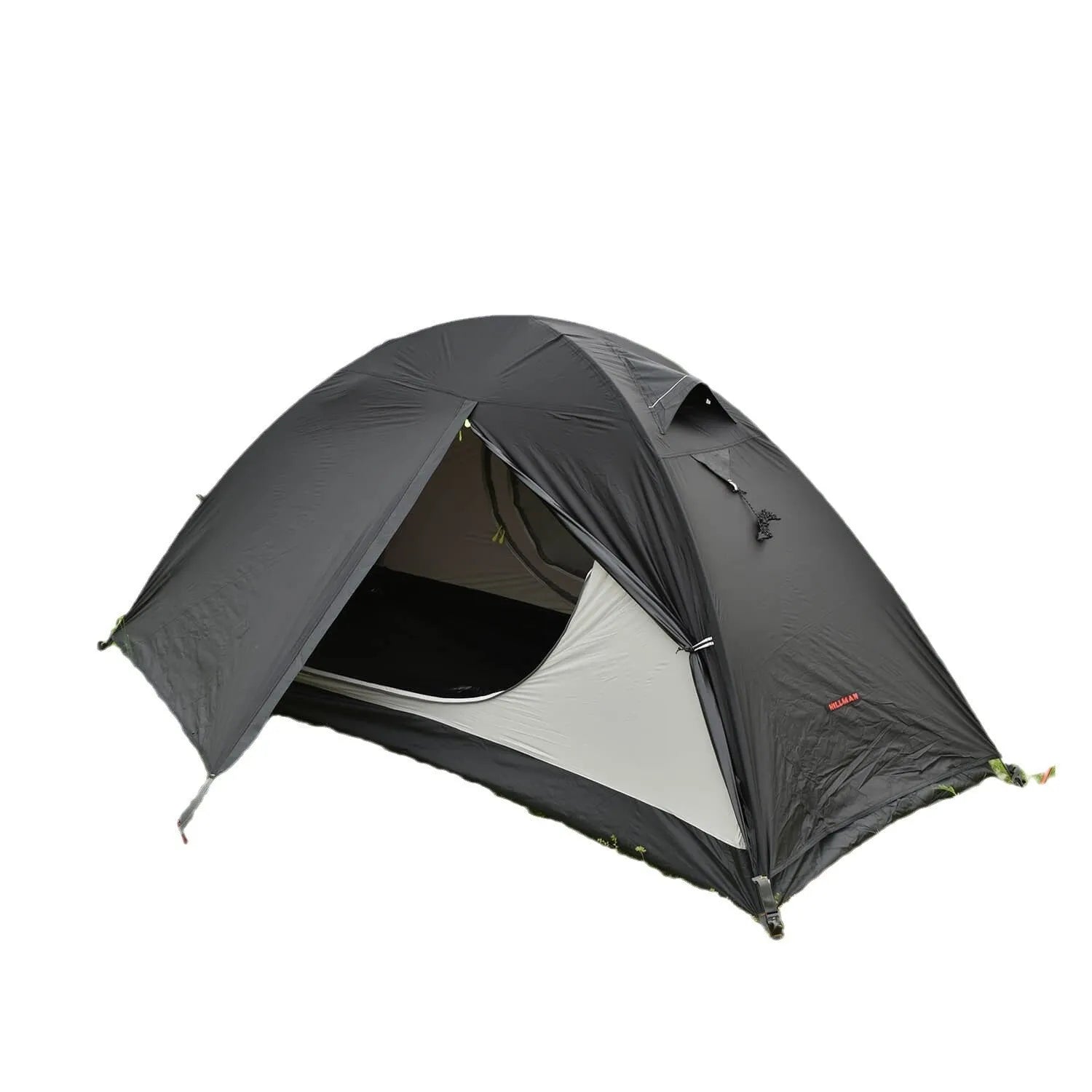 Single person double skin tent with aluminium poles in a red colour option, shown erected.