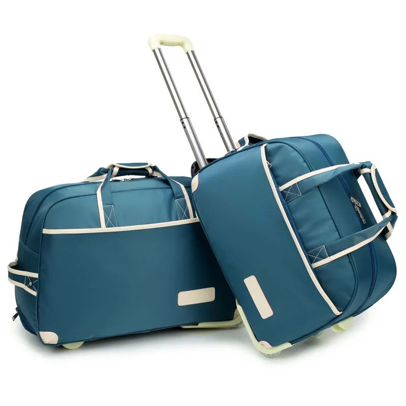 Oxford Pull Rod Nylon Waterproof Large Capacity Travel Bag for Business and Leisure, Solid Colour with Colour Blocking, Available in 20- or 24-Inch Size, 36-55 Litre Capacity, in Purple, Lake Blue, Black, Brown, Rose Red, or Dark Blue with Black Wheels