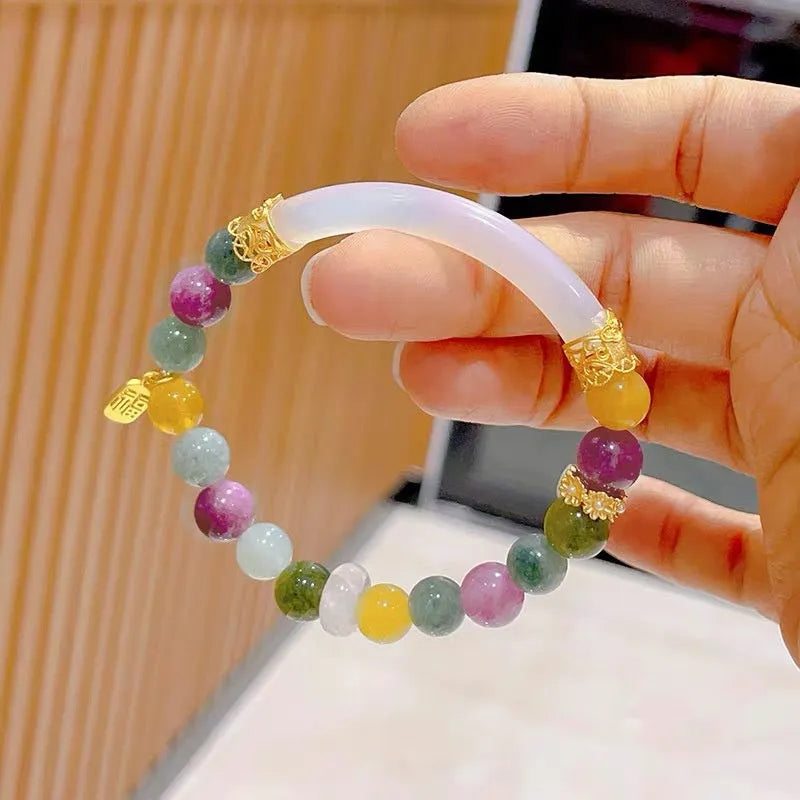 Rainbow colour tourmaline half bracelet for women with electroplated finish