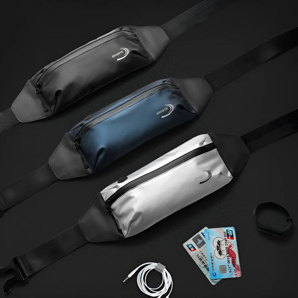 Men's black waterproof sports waist bag with adjustable strap, shown with dimensions 45cm by 10cm.