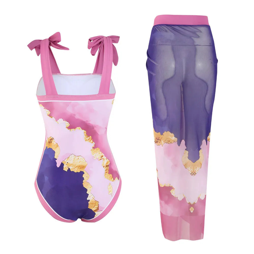 Floral mesh tube top one-piece swimsuit with matching skirt in polyester fabric