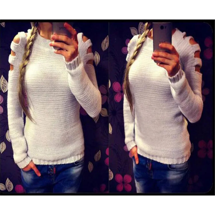 Women's white cotton rabbit fur crochet pullover shirt with hollow-out design and round neck