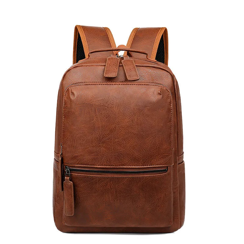 Men's vintage PU leather backpack in gray, 20-35L, with air cushion belt and patchwork accent