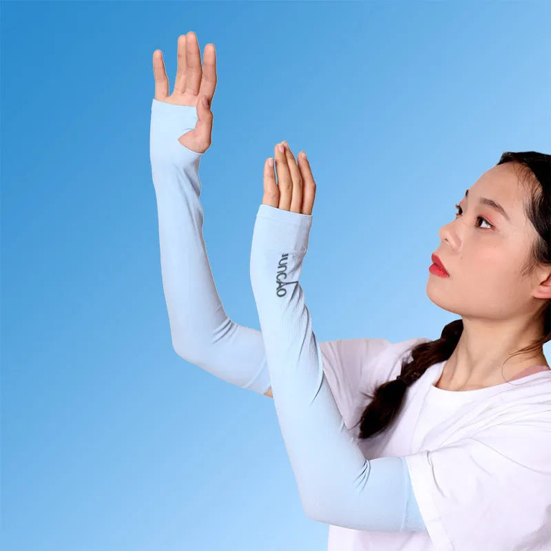 Open finger driving sun protection sleeves in five colours showing arm coverage design