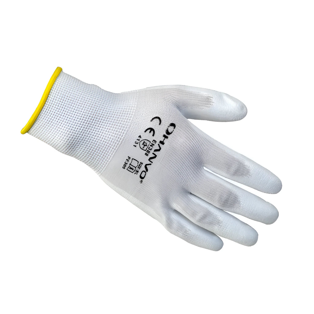 White PU coated work gloves showing flexible construction and polyurethane coating surface detail