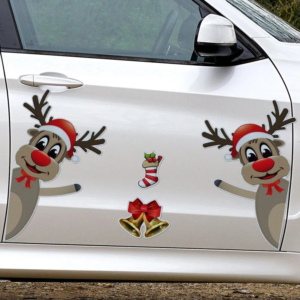 Christmas cartoon elk and bell magnetic car bumper stickers with luminous reflective surfaces