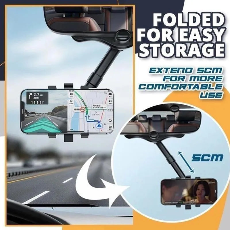 Black rearview mirror car phone holder showing adjustable arm and universal four-claw phone grip.
