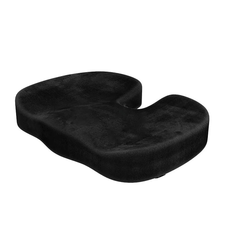Black flannel memory foam office seat cushion with U-shaped design measuring 46x36x7cm
