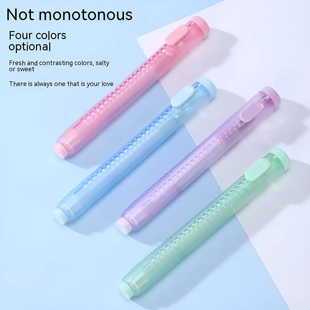 Push type automatic eraser for children's learning in blue, green, pink, and purple colours