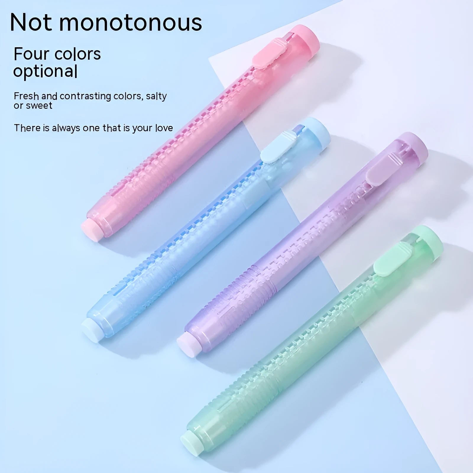 Push type automatic eraser for children's learning in blue, green, pink, and purple colours
