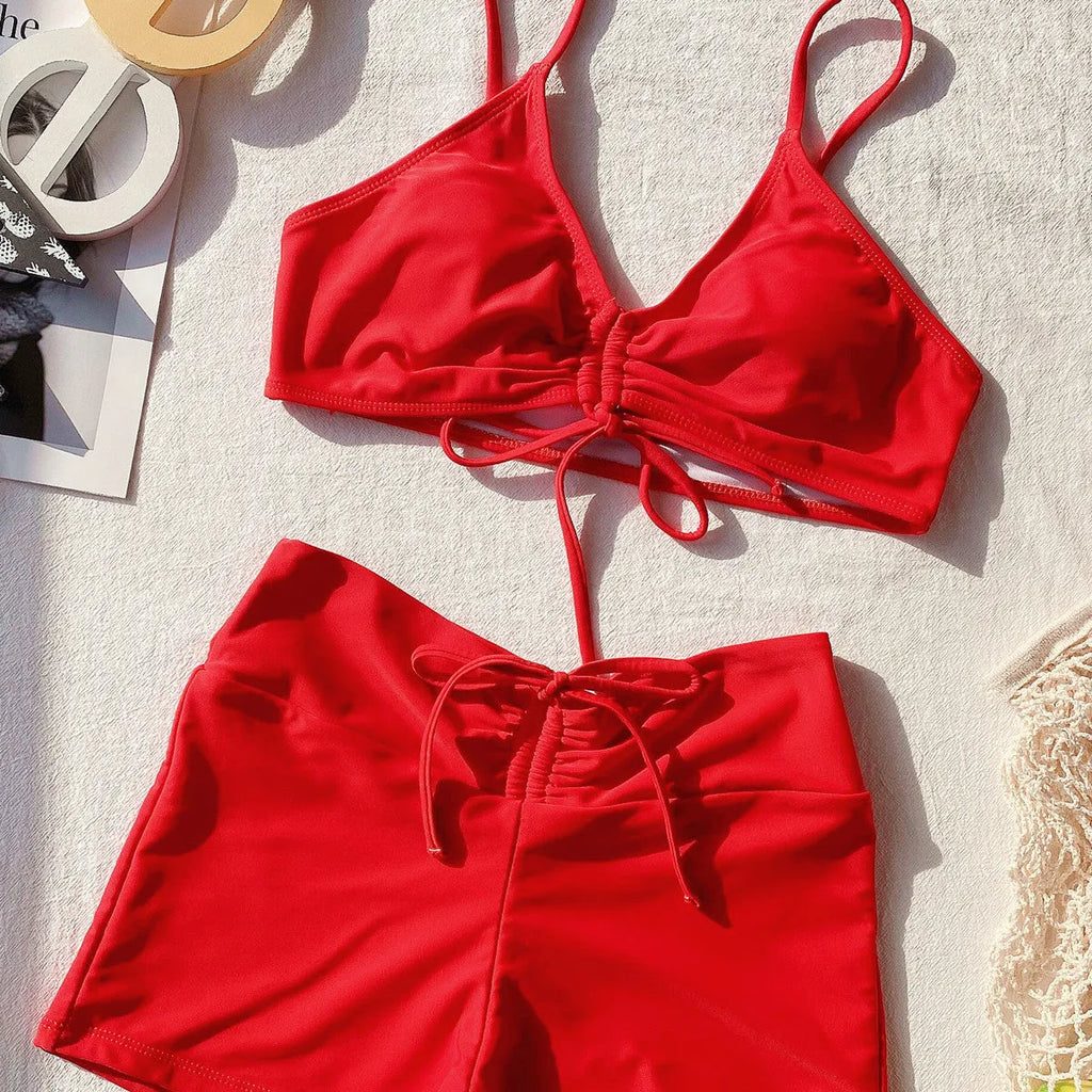 Women's split swimsuit high waist bikini in 80% nylon, two-piece set with top and shorts, red and blue options, sleeveless